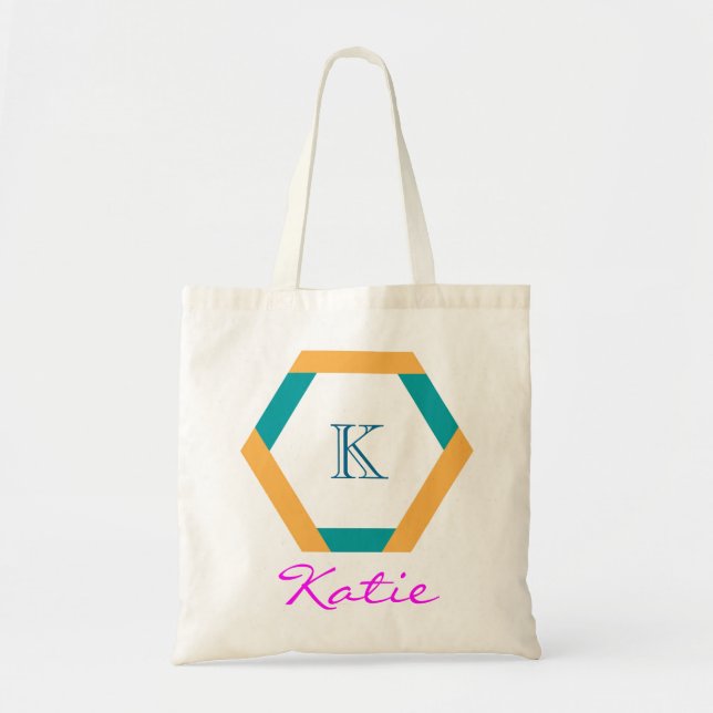Pink Monogram Personalized Hexagon Geometry Tote Bag (Front)
