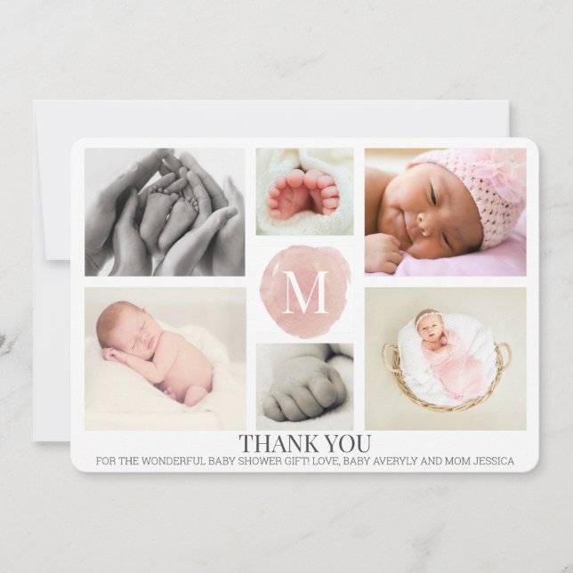 Pink Monogram Photo Collage Baby Thank You Card (Front)