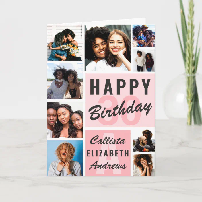 Pink Monogram Photo Collage Happy Birthday Card Zazzle Com