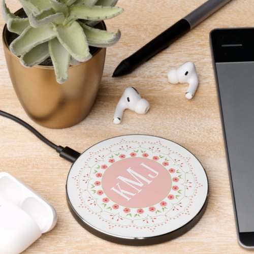 Pink Monogram Pretty Floral Botanical Pattern  Wireless Charger