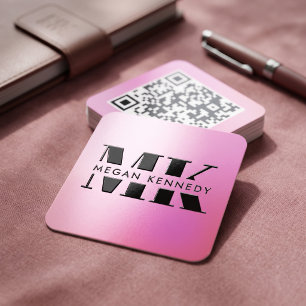 Pink Monogram QR Code Raised Spot UV Business Card