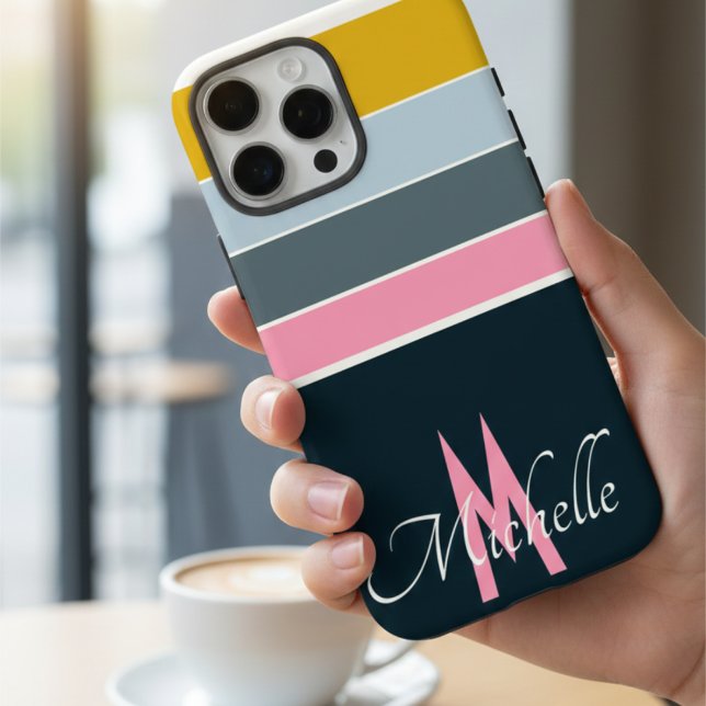 Pink Monogram Retro 70s Navy & Yellow Bold Stripe  Case-Mate iPhone Case (Creator Uploaded)
