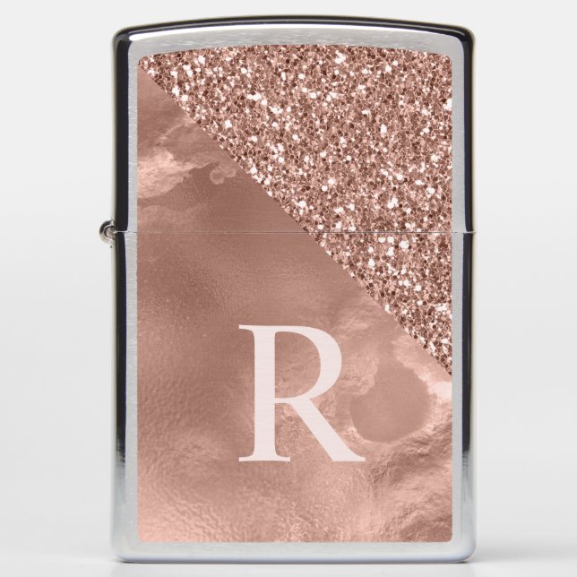  Pink Monogram  Rose Gold and Glitter Zippo Lighter (Front)