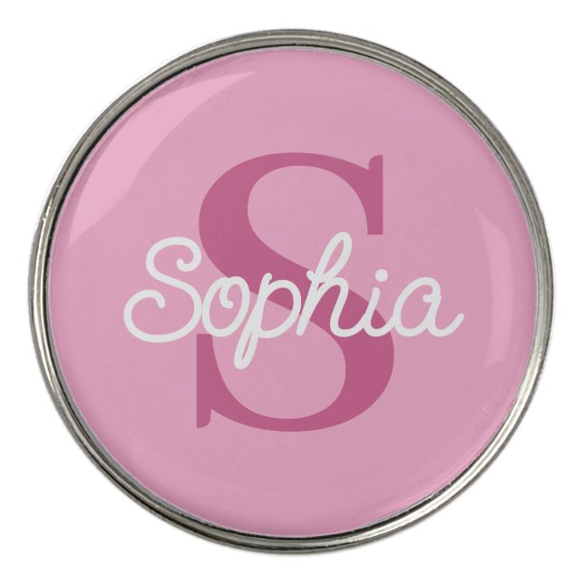 Pink Monogram Script Name Ladies Golf Ball Marker (Front)