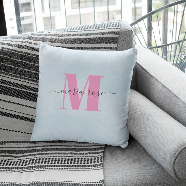 Pink Monogram Simple Personalized  Throw Pillow (Pink and blue monogram and calligraphy script name personalized throw pillow)