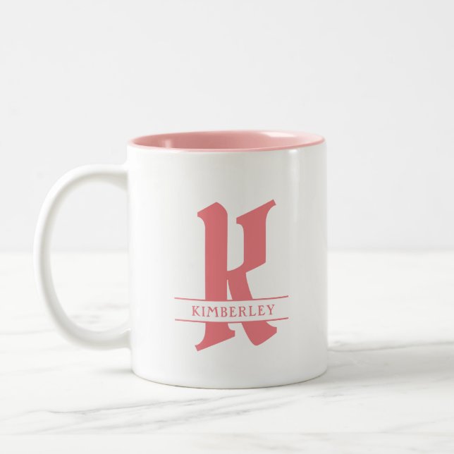 Pink Monogram, split letter typography Two-Tone Coffee Mug (Left)