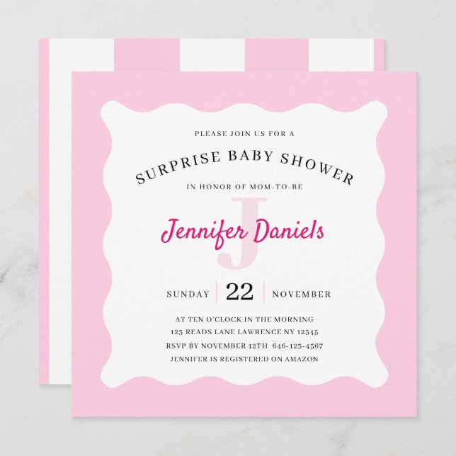 Pink Monogram Surprise Baby Shower Invitation (Front/Back)