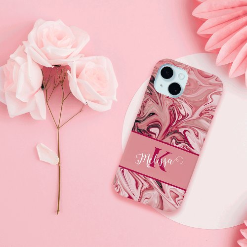 Pink Monogram Sweet Rose Marble Phone 15 Case