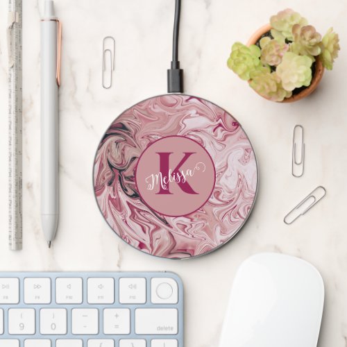 Pink Monogram Sweet Rose Marble Wireless Charger