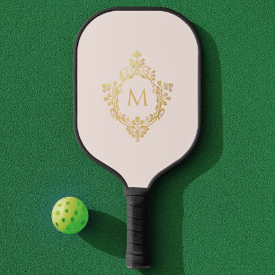 Pink Monogram Vintage Elegant Faux Gold Crest Pickleball Paddle