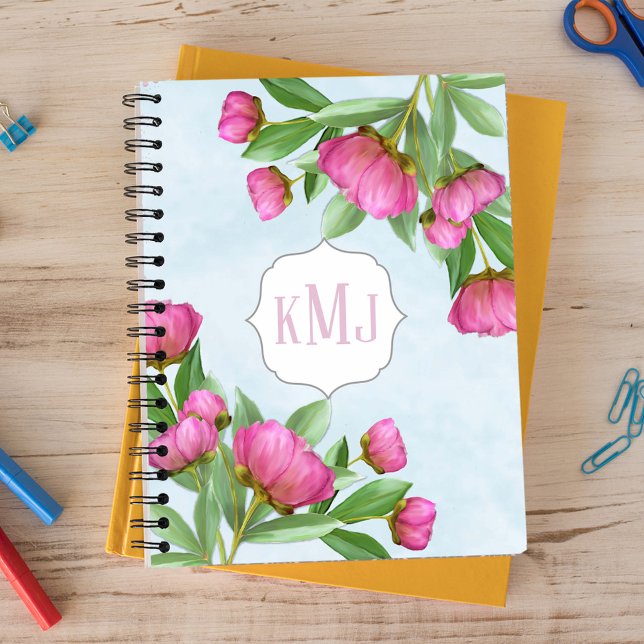 Pink Monogram Watercolor Floral Personalized Notebook (Pretty pink peonies bouquet spiral notebook)