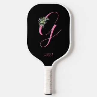 Pink monogram watercolor flower black name pickleball paddle