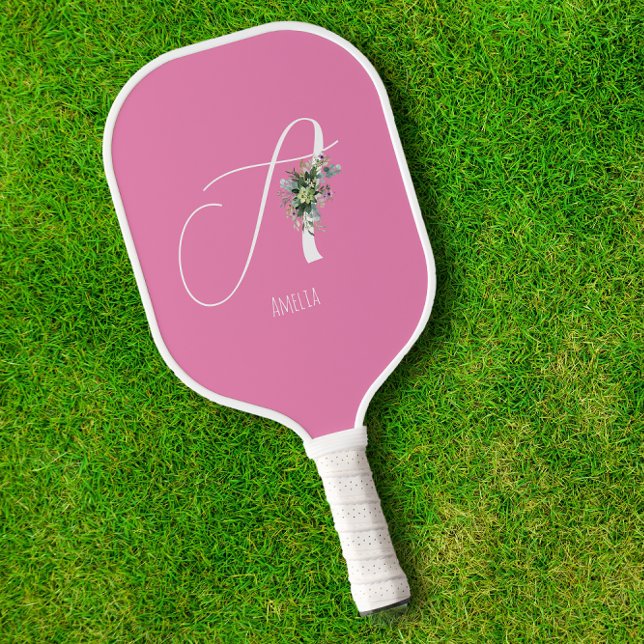 Pink monogram watercolor flower pickleball paddle (Creator Uploaded)