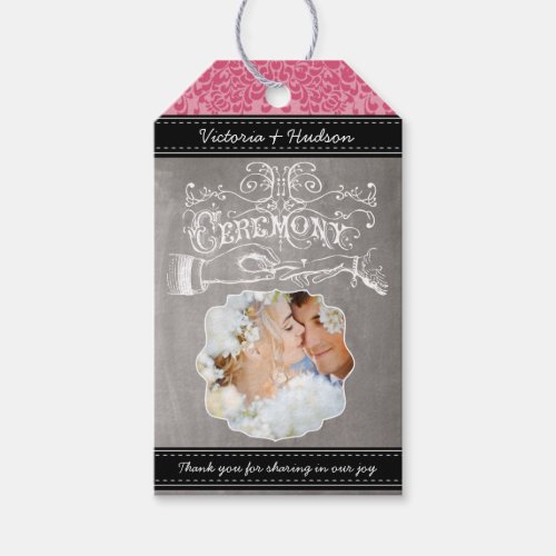 Pink Monogram Wedding Photo Damask Pattern Gift Tags