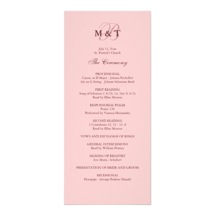 Pink Monogram Wedding Program Custom Rack Card