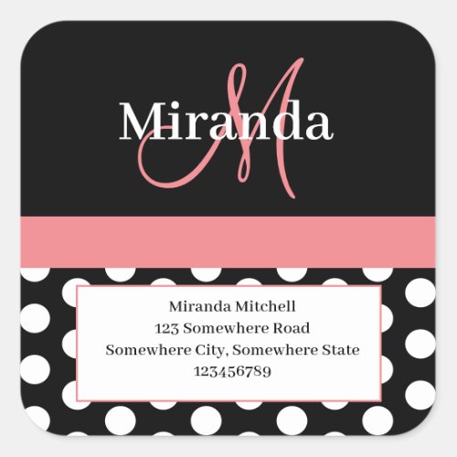 Pink Monogram White Polka Dot Return Address Square Sticker