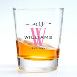 Pink Monogram Wife Bride Mrs Wedding Anniversary Shot Glass<br><div class="desc">Celebrate your holy matrimony with this cute monogram Mrs. shot glass for wives.  Customize it by adding your last name / surname and wedding anniversary year date.  Pink and black elegant font.  Great anniversary or birthday gift for a wife.</div>