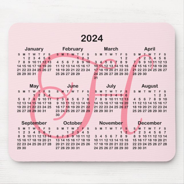 Pink Monogrammed 2024 Calendar Mouse Pad (Front)