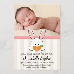 PINK MONOGRAMMED BUNNY RABBIT BIRTH ANNOUNCEMENT