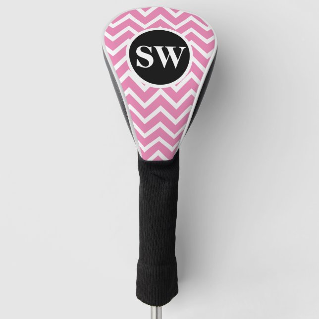 Pink monogrammed chevron pattern ladies golf head cover (Front)