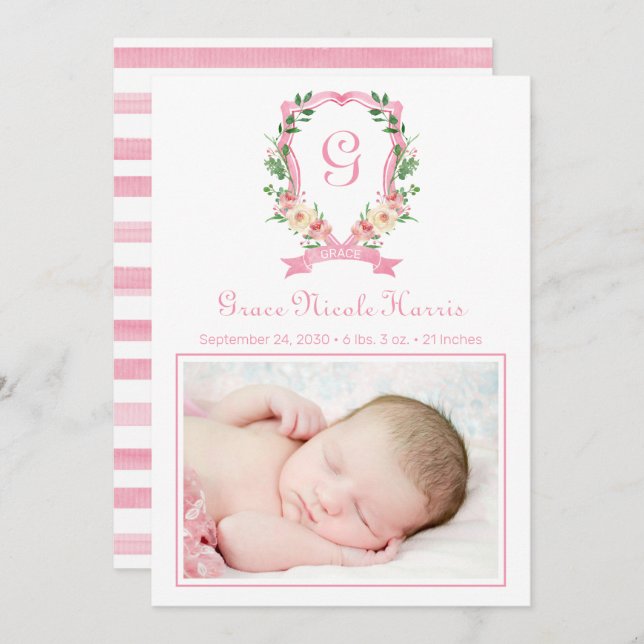 Pink Monogrammed Crest Birth Announcement (Front/Back)