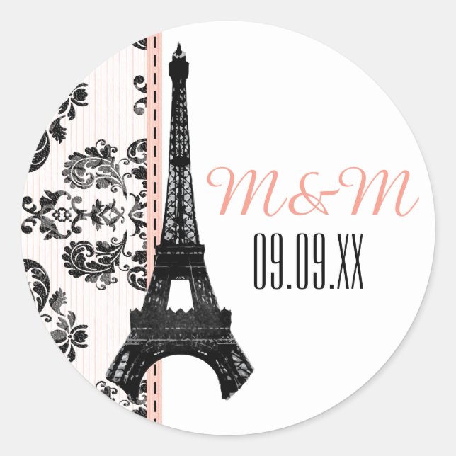 Pink Monogrammed Damask Eiffel Tower Wedding Classic Round Sticker (Front)