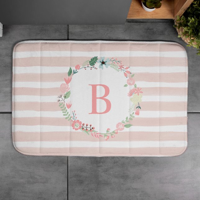 Pink Monogrammed Floral Wreath Bath Mat (Creator Uploaded)