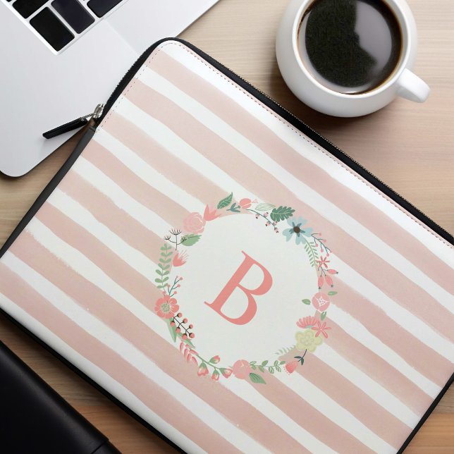 Pink Monogrammed Floral Wreath Laptop Sleeve (Creator Uploaded)