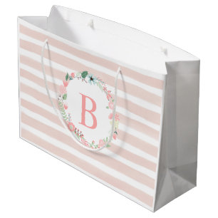 Pink Monogrammed Floral Wreath Large Gift Bag