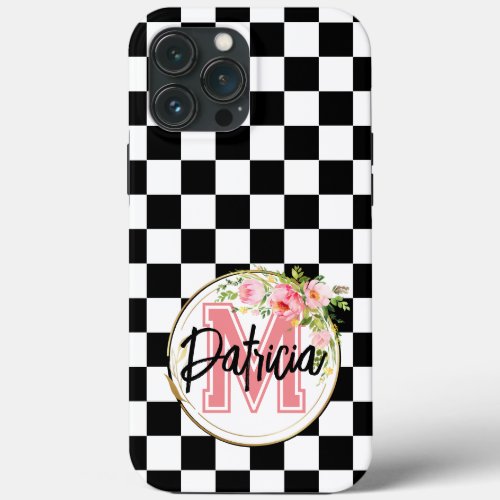 pink Monogrammed Flower black and white Checkered iPhone 13 Pro Max Case