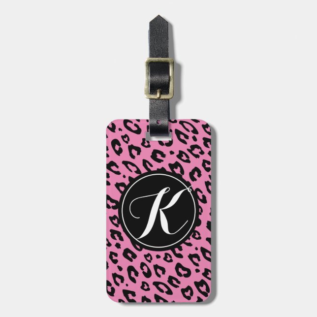Pink monogrammed leopard print luggage tag (Front Vertical)