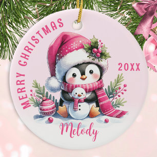Pink Monogrammed Merry Christmas Cute Penguin Ceramic Ornament