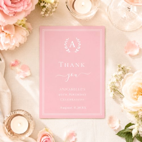 Pink monogrammed minimalist birthday thank you card