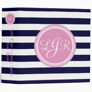 Pink Monogrammed Navy Blue Stripe Personalized 3 Ring Binder