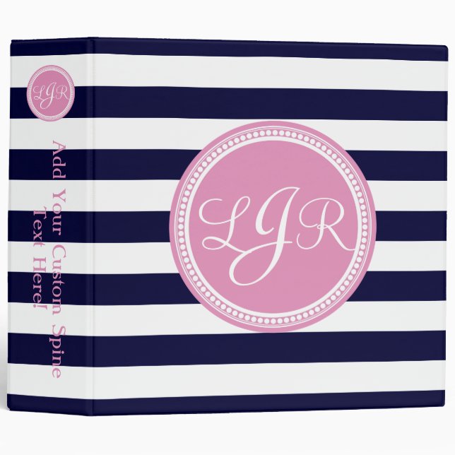 Pink Monogrammed Navy Blue Stripe Personalized 3 Ring Binder (Front/Spine)