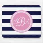 Pink Monogrammed Navy Blue Stripe Personalized Mouse Pad