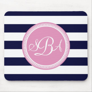 Pink Monogrammed Navy Blue Stripe Personalized Mouse Pad