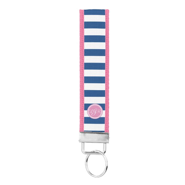 Pink Monogrammed Navy Blue Stripe Personalized Wrist Keychain (Keys on Bottom)