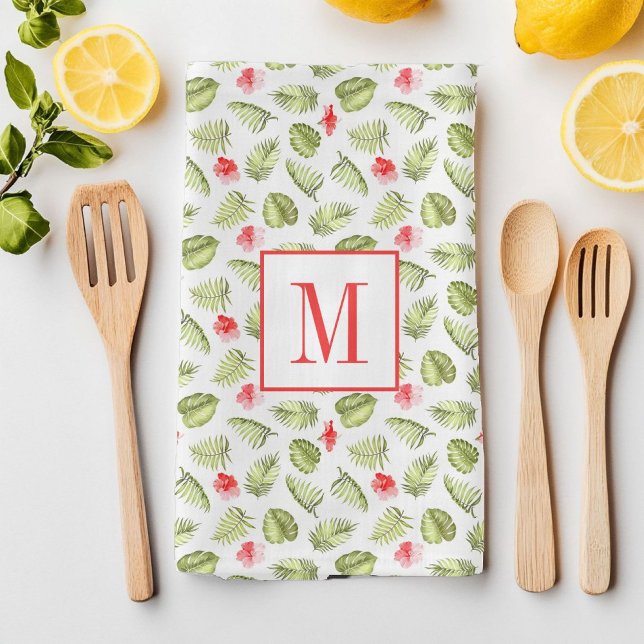 Pink Monogrammed Tropical Palm Leaves Pattern Kitchen Towel (Pink Monogrammed Tropical Palm Leaves Pattern Kitchen Towel)
