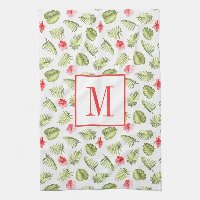 Pink Monogrammed Tropical Palm Leaves Pattern Kitchen Towel (Vertical)