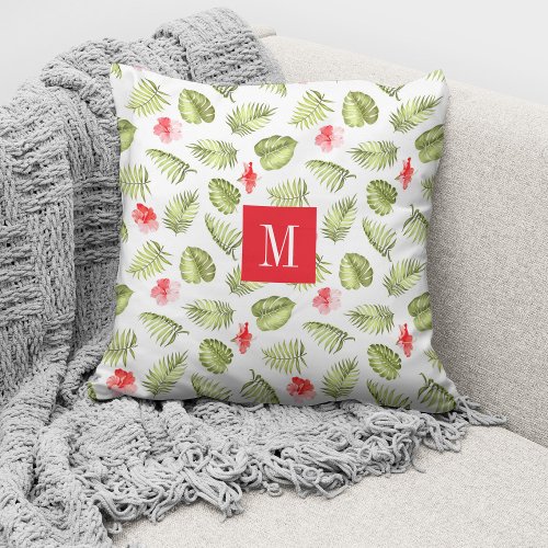 Pink Monogrammed Tropical Palm Leaves Pattern  Throw Pillow