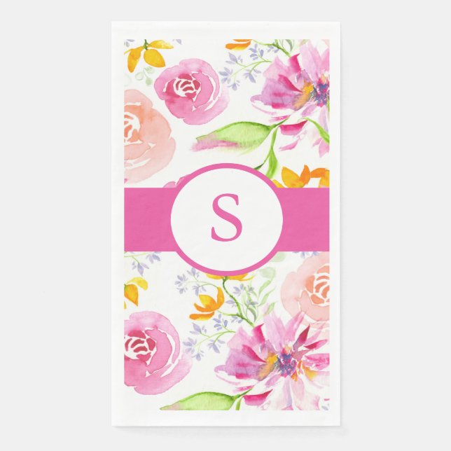 Pink Monogrammed Watercolor Flowers Paper Guest Towels (Front)