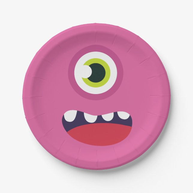 Pink Monster Face Paper Plates (Front)