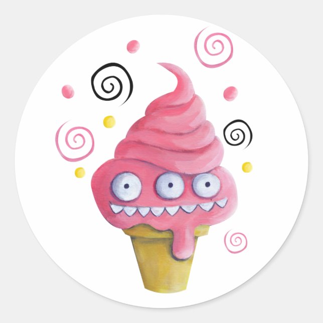 Pink Monster Ice Cream Cone Classic Round Sticker (Front)