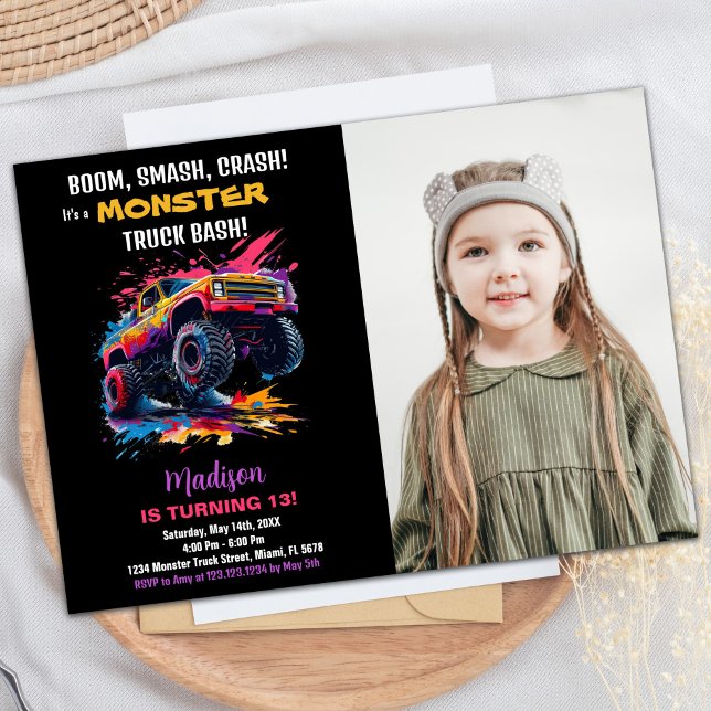 Pink Monster Truck Birthday Invitations Photo (Pink Monster Truck Birthday Invitations Photo)