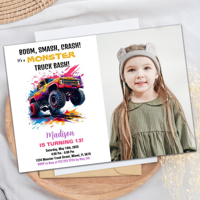 Pink Monster Truck Birthday Invitations Photo (Pink Monster Truck Birthday Invitations Photo)