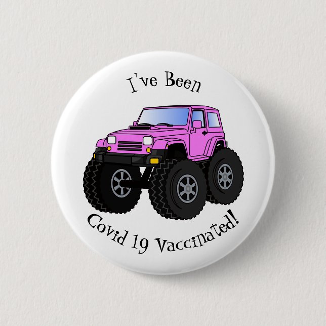 Pink monster truck cartoon illustration button (Front)