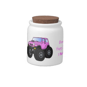Pink monster truck cartoon illustration candy jar