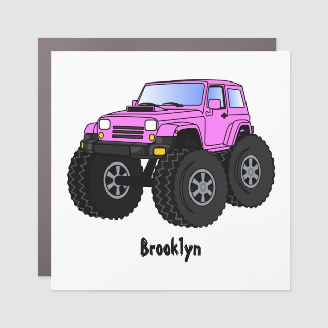 Pink monster truck cartoon illustration  car magnet (Front)