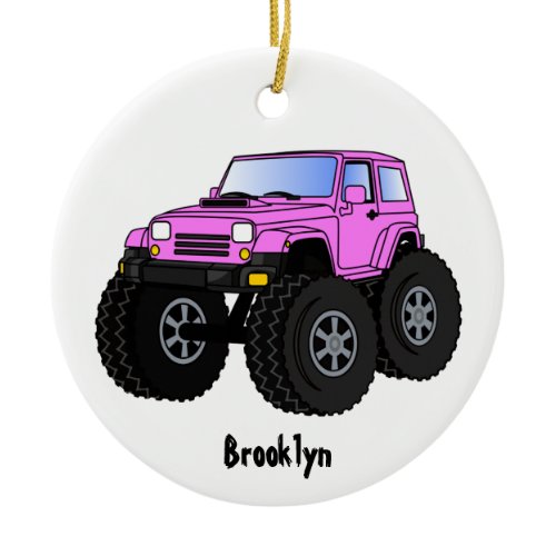 Pink monster truck cartoon illustration ceramic ornament